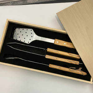 Personalized 3-Piece BBQ Tool Set on Wooden Pine Box